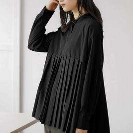 ID131 Shirt, Loose Fit, Plain, Pleated Design, Mid-Length, Layered, Simple, Stylish, Clean, Feminine, Casual 