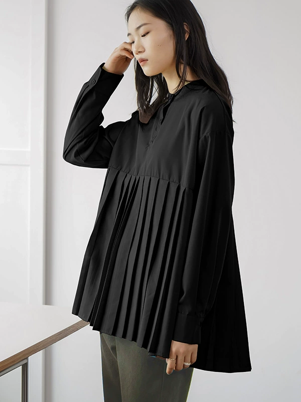 ID131 Shirt, Loose Fit, Plain, Pleated Design, Mid-Length, Layered, Simple, Stylish, Clean, Feminine, Casual 