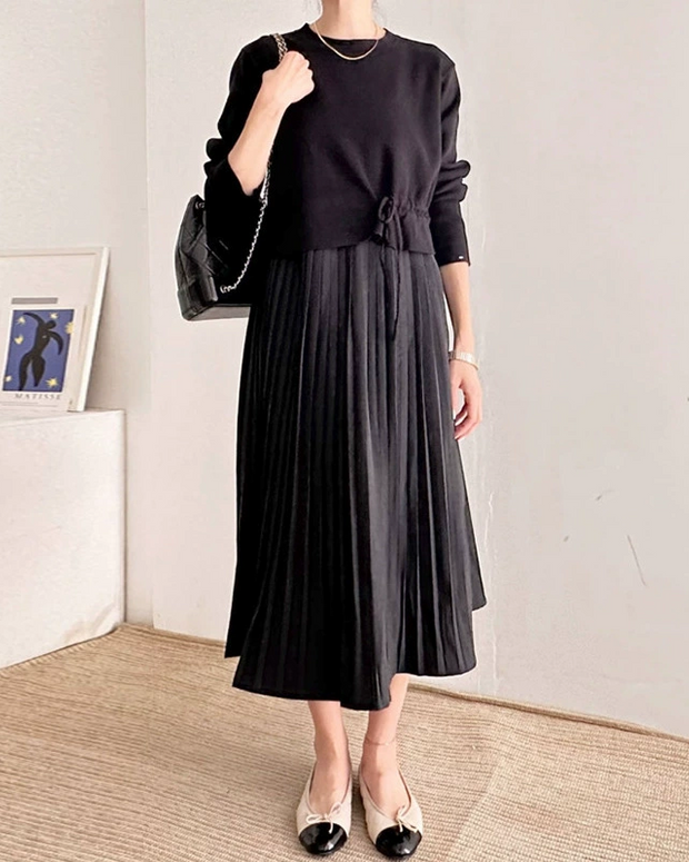 ID69 Casual Simple Round Neck Knit Top + Pleated Camisole Dress Set 