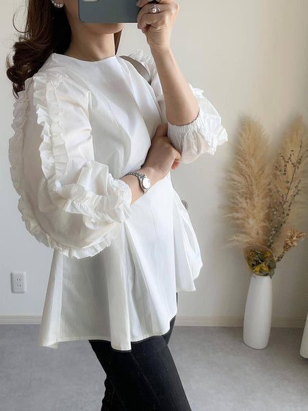 ID111 Shirt, Sweet, Loose Fit, Large Size, Round Neck, Stylish, Ruffles, Long Sleeves, Tops, Feminine, Figure Covering, Casual, Stylish 