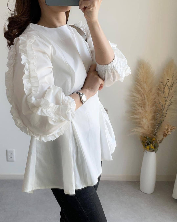 ID111 Shirt, Sweet, Loose Fit, Large Size, Round Neck, Stylish, Ruffles, Long Sleeves, Tops, Feminine, Figure Covering, Casual, Stylish 