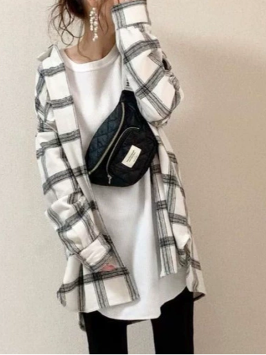 ID121 Shirt Checkered Pattern Loose Fit Thin Outerwear Long Sleeve Tops Perfect for Layering Natural Style Light and Stylish Recommended for Casual Coordination 