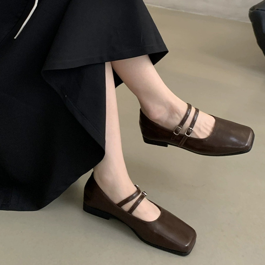 ID135 Flat shoes for work Elegant Square toe Low-profile Marie Jane With straps Simple Stylish Clean Feminine 