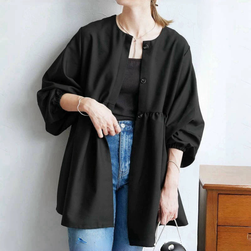 ID66 Loose-fitting lantern sleeve cardigan shirt, perfect for spring and autumn, stylish crew neck top, outerwear 