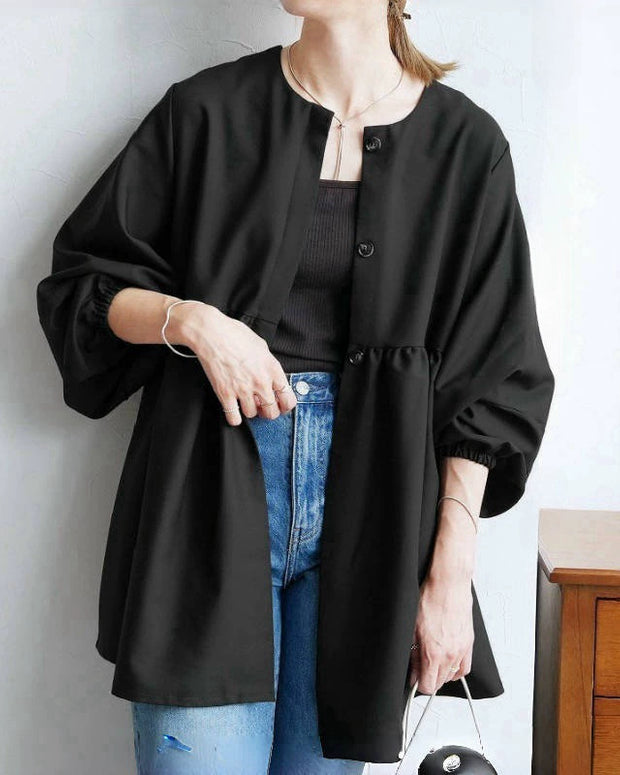 ID66 Loose-fitting lantern sleeve cardigan shirt, perfect for spring and autumn, stylish crew neck top, outerwear 