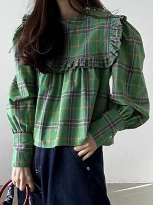 チェック柄 ブラウス レディース 長袖 フリル襟 シャツブラウス 無地風 カジュアル おしゃれ フェミニン 体型カバー ゆったり 大人可愛い 通勤 通学 オフィス 上品 トップス ナチュラル きれいめ ガーリー 春秋 ベーシック ファッション OL 重ね着 定番 人気 デイリーコーデ ID1612