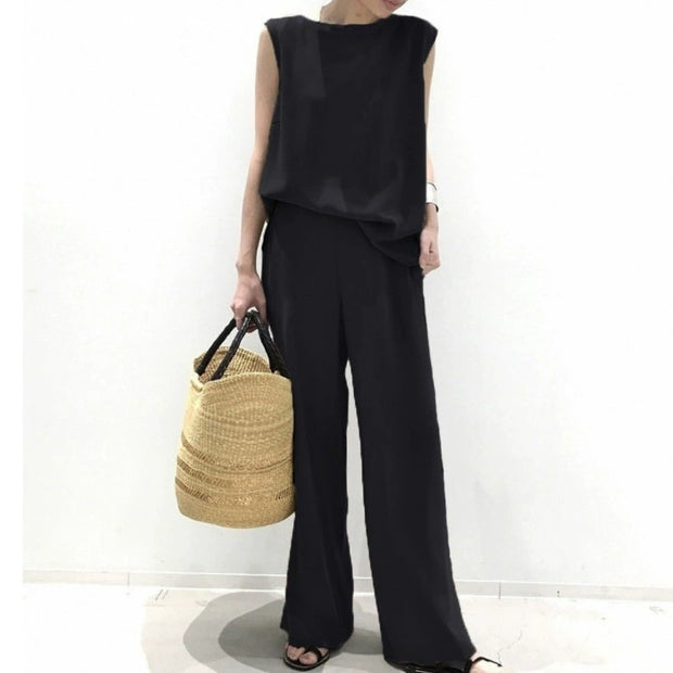 セットアップ ノースリーブトップス ワイドパンツ 2点セット とろみ素材 ゆったり シンプル エレガント おしゃれ きれいめ系 デイリーコーデ ID253