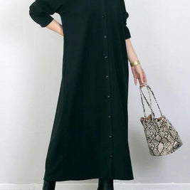 ID93 One-piece dress, plain, loose, relaxed, V-neck, long sleeves, ankle-length, long, draped, simple, casual, elegant, fashionable 