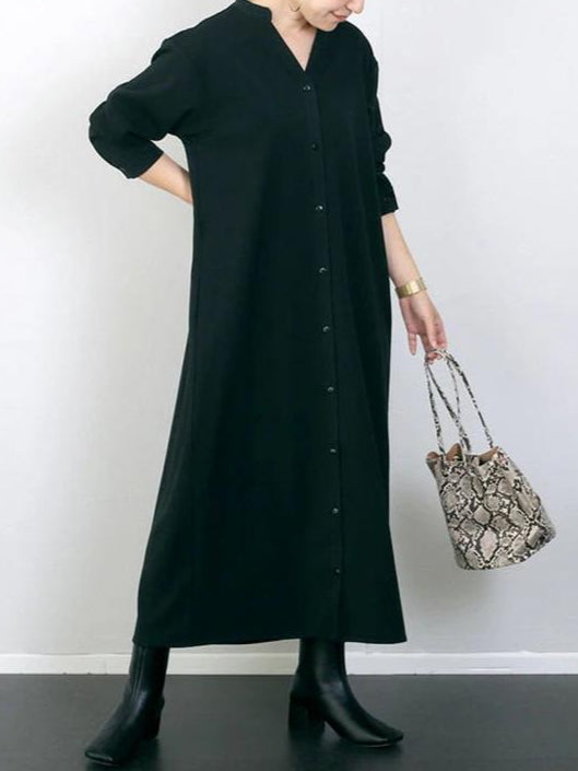 ID93 One-piece dress, plain, loose, relaxed, V-neck, long sleeves, ankle-length, long, draped, simple, casual, elegant, fashionable 