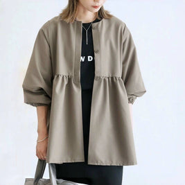 ID66 Loose-fitting lantern sleeve cardigan shirt, perfect for spring and autumn, stylish crew neck top, outerwear 