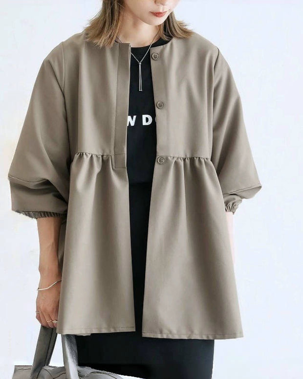 ID66 Loose-fitting lantern sleeve cardigan shirt, perfect for spring and autumn, stylish crew neck top, outerwear 