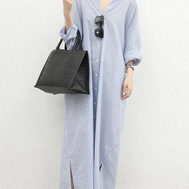 ID113 One-piece dress, striped pattern, shirt dress, loose fit, long sleeves, turn-down collar, casual, feminine, daily outfit, figure-covering, stylish 