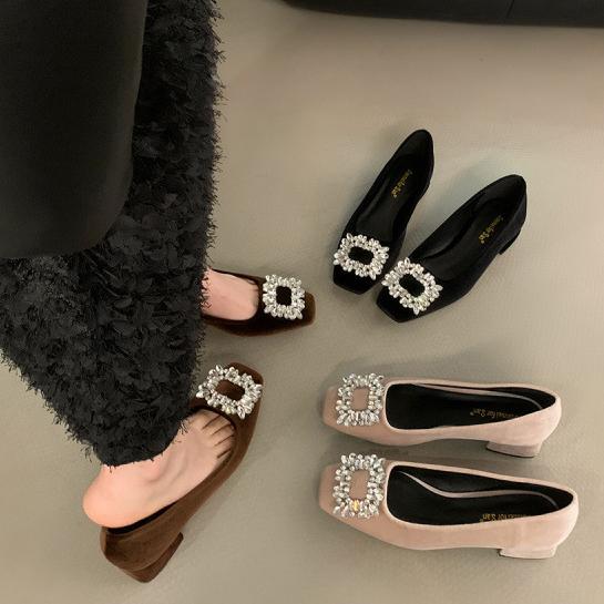 パンプス スクエアトゥ 太ヒール フレンチスタイル ラインストーン付き 気品溢れる 通勤 フェミニン おしゃれ きれいめ系 レディース デイリーコーデ ID341