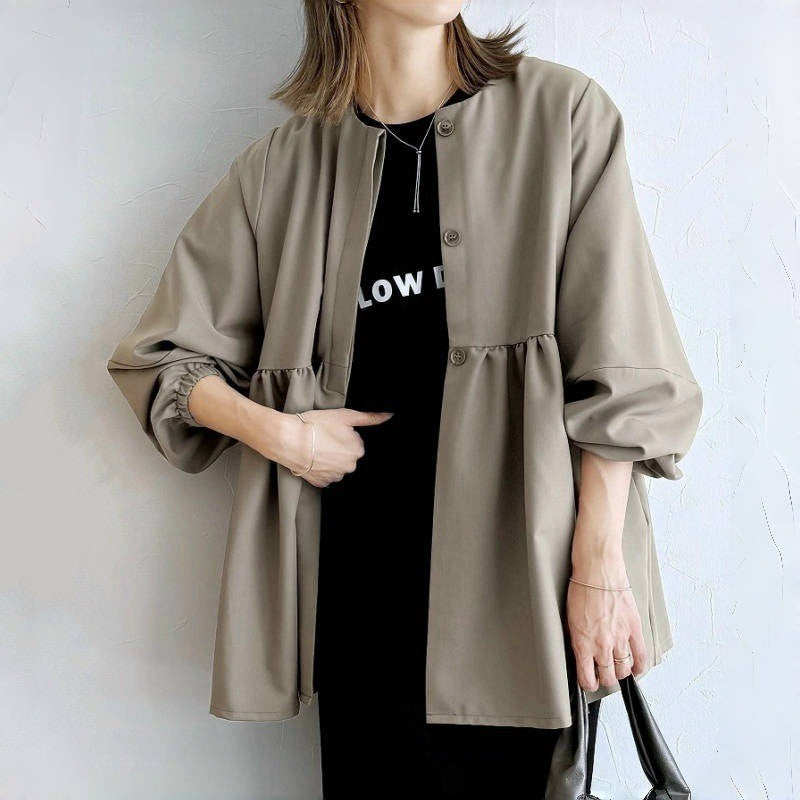 ID66 Loose-fitting lantern sleeve cardigan shirt, perfect for spring and autumn, stylish crew neck top, outerwear 