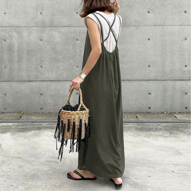 ワンピース ロング丈 クルーネック キャミソール バックリボン ノースリーブ 無地 Aライン シンプル カジュアル おしゃれ きれいめ系 デイリーコーデ ID255