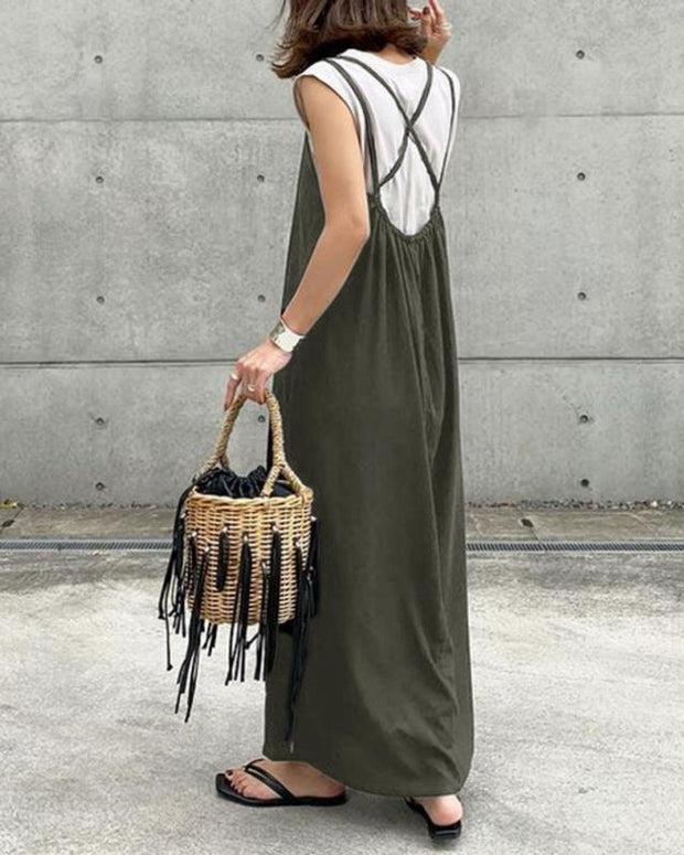 ワンピース ロング丈 クルーネック キャミソール バックリボン ノースリーブ 無地 Aライン シンプル カジュアル おしゃれ きれいめ系 デイリーコーデ ID255