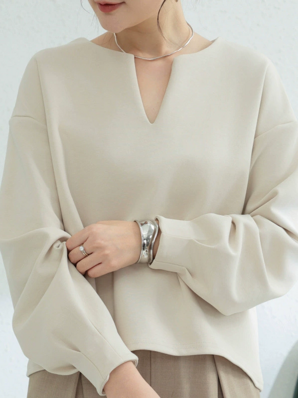 スウェット 無地 ゆったり Vネック バルーンスリーブ 長袖 トップス カジュアル おしゃれ 体型カバー デイリーコーデ フェミニン シンプルデザイン ID114