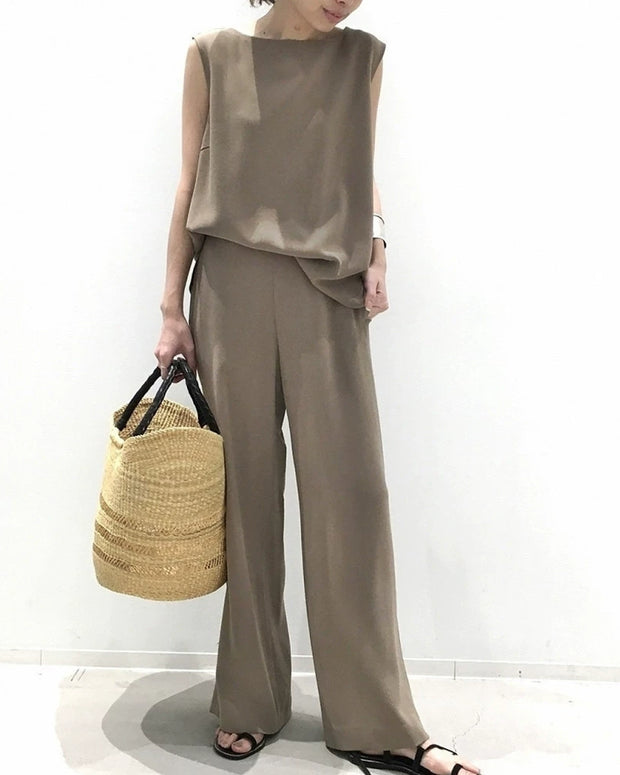 セットアップ ノースリーブトップス ワイドパンツ 2点セット とろみ素材 ゆったり シンプル エレガント おしゃれ きれいめ系 デイリーコーデ ID253