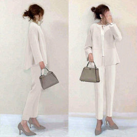 【新色登場！5 色展開】仕事用クリエイティブカジュアルオフィスコーデ ラウンドネックカーディガン 2 点セット スタイルアップ必見！入学式 スーツ 母親 パンツスーツ 卒業式 卒園式 ママ ID86