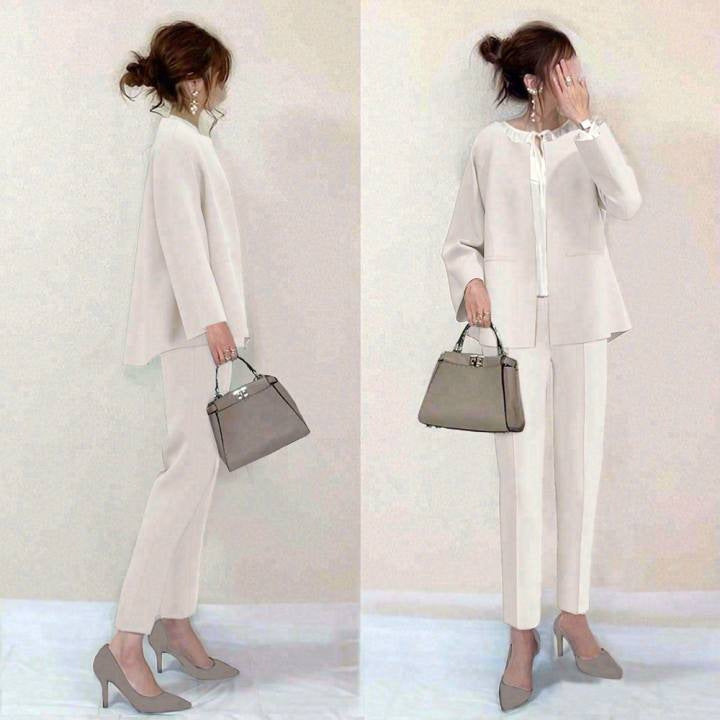 【新色登場！5 色展開】仕事用クリエイティブカジュアルオフィスコーデ ラウンドネックカーディガン 2 点セット スタイルアップ必見！入学式 スーツ 母親 パンツスーツ 卒業式 卒園式 ママ ID86