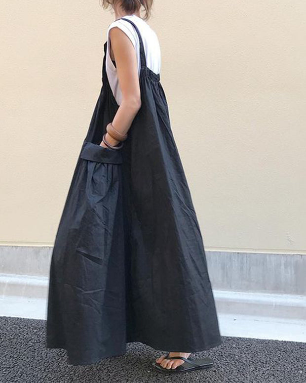 サロペット レディース 大人可愛い ワンピース ミディ丈 膝丈 若見え ポケット付き シンプル 無地 ID257