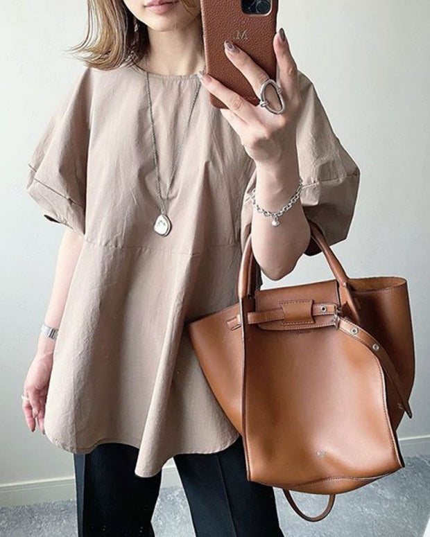 シャツ クルーネック ゆったり パフスリーブ 通勤スタイル シンプル エレガント おしゃれ きれいめ系 フェミニン デイリーコーデ ID249