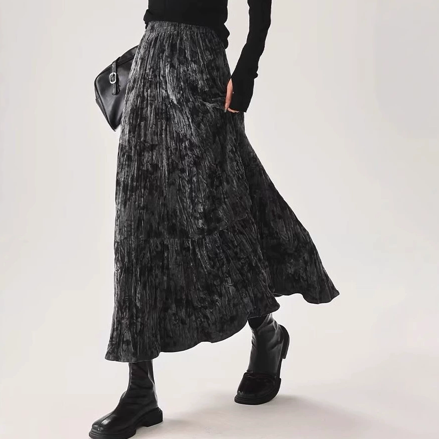 ID92 Skirt Ink Dyed High Waist Ruffled Silk Velvet A-line Flared Long Skirt 