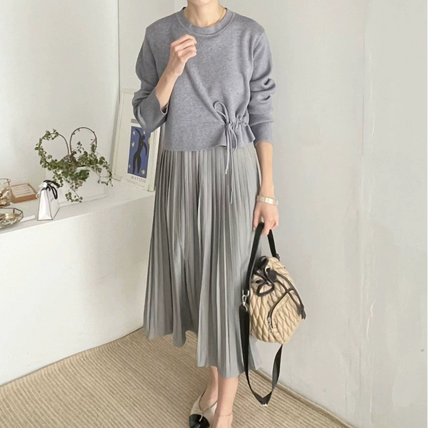 ID69 Casual Simple Round Neck Knit Top + Pleated Camisole Dress Set 