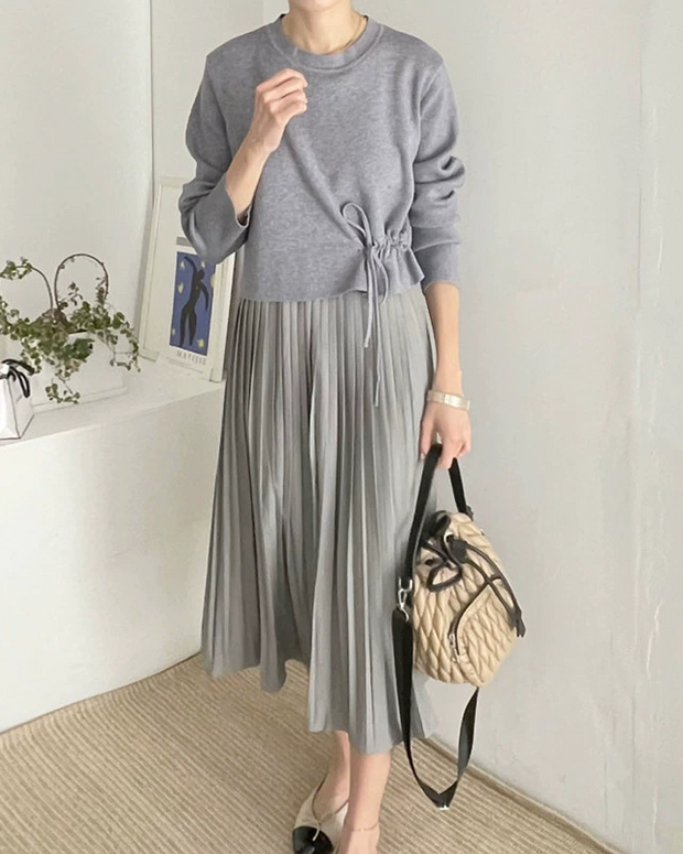 気質 ラウンドネック カジュアル シンプル ニットトップス ＋ プリーツ キャミワンピース セットアップ ID69