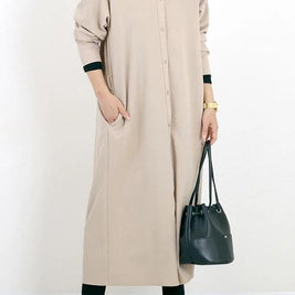 ID93 One-piece dress, plain, loose, relaxed, V-neck, long sleeves, ankle-length, long, draped, simple, casual, elegant, fashionable 