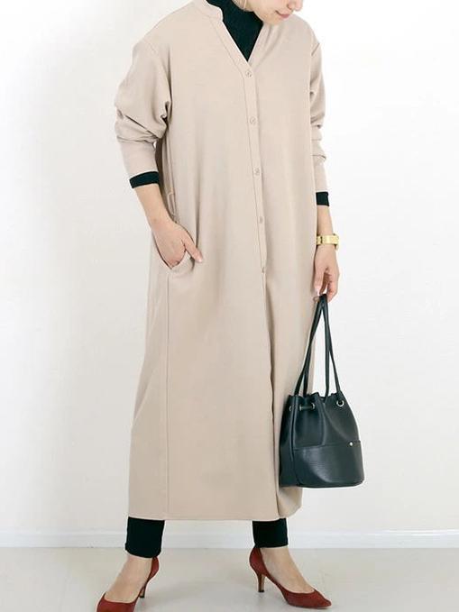 ID93 One-piece dress, plain, loose, relaxed, V-neck, long sleeves, ankle-length, long, draped, simple, casual, elegant, fashionable 