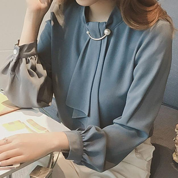 シャツ 無地 シフォン 長袖 バルーンスリーブ ゆったり デザイン性 フェミニン おしゃれ レディース デイリーコーデ 通勤 ID342