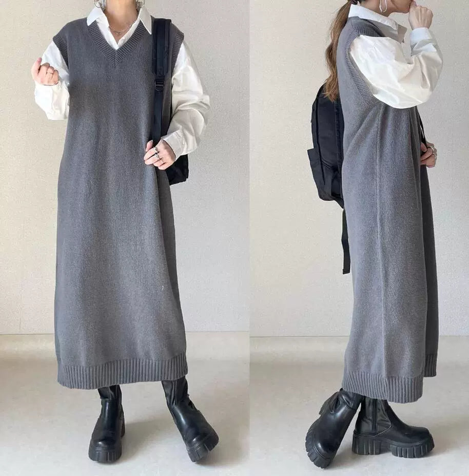 ID73 Maxi Dress, Loose Silhouette, Slim, V-Neck, Sleeveless, Midi Length, Vest Dress, Knit, Long Vest 