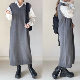 ID73 Maxi Dress, Loose Silhouette, Slim, V-Neck, Sleeveless, Midi Length, Vest Dress, Knit, Long Vest 