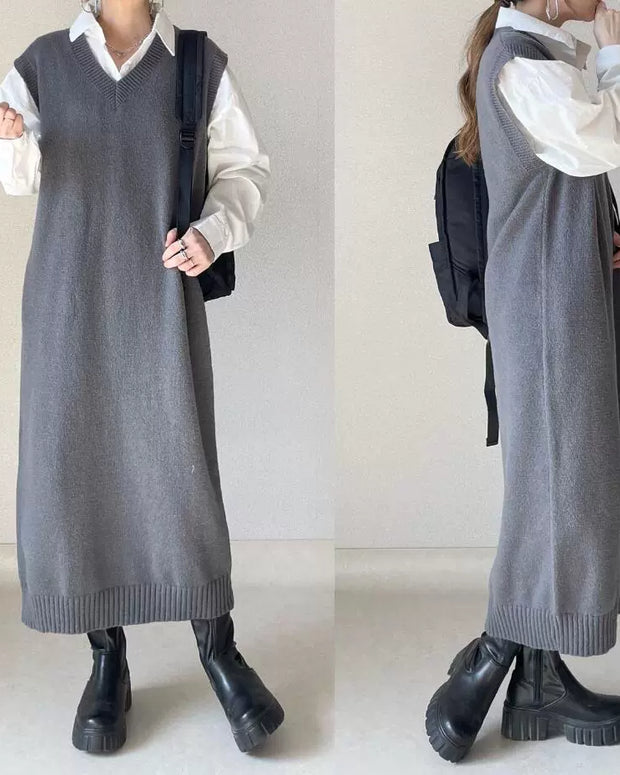 ID73 Maxi Dress, Loose Silhouette, Slim, V-Neck, Sleeveless, Midi Length, Vest Dress, Knit, Long Vest 