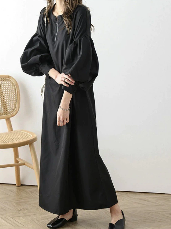 ID102 One-piece dress, zipper neck, puff sleeve, long sleeve dress, work wear, elegant, simple, long dress 