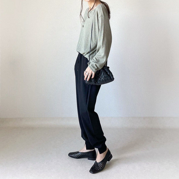 大人気!! 美脚パンツ ハイウエスト ベルト付き テーパードデザイン リブ素材 裾スリット入り 9分丈 スリム見え きれいめ系 通勤 おしゃれ ID308