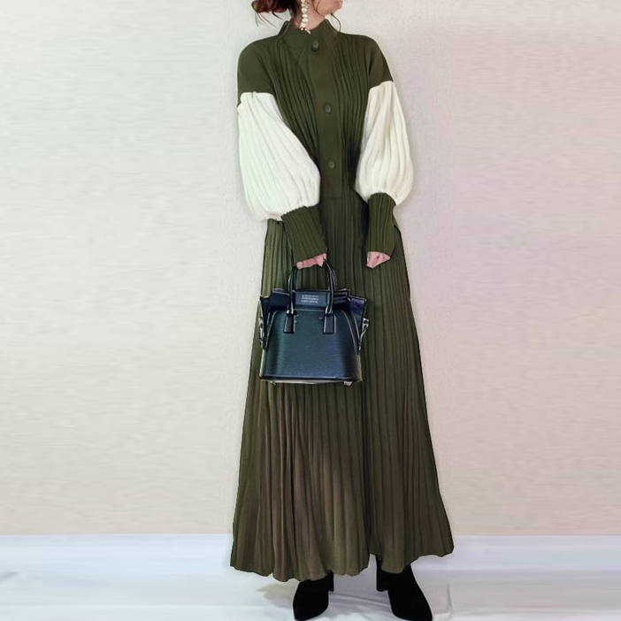 ID112 One-piece dress, balloon sleeves, pleated skirt, single button, waist belt, long length, stylish, elegant, feminine, figure-covering, daily outfit 