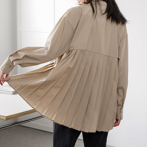 ID131 Shirt, Loose Fit, Plain, Pleated Design, Mid-Length, Layered, Simple, Stylish, Clean, Feminine, Casual 