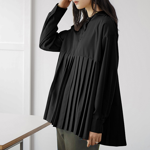 ID131 Shirt, Loose Fit, Plain, Pleated Design, Mid-Length, Layered, Simple, Stylish, Clean, Feminine, Casual 