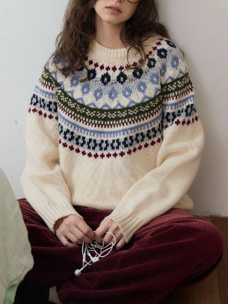 ノルディック柄 クルーネック ニット レディース ゆったり 厚手 セーター 秋冬 新作 かわいい カジュアル トップス ID2087