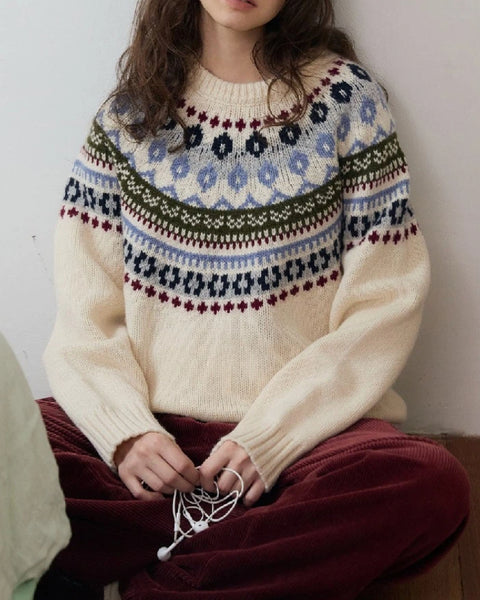 ノルディック柄 クルーネック ニット レディース ゆったり 厚手 セーター 秋冬 新作 かわいい カジュアル トップス ID2087