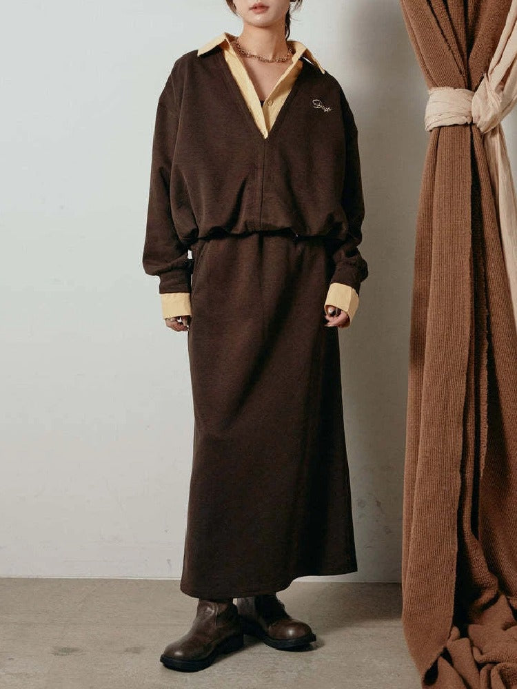 スカート 2点セット ネットレッド  レディース フェイクツー トップス ロングセットアップ おしゃれ トレンド カジュアル デイリー  シルエット 大人 女性 上品 ID2005