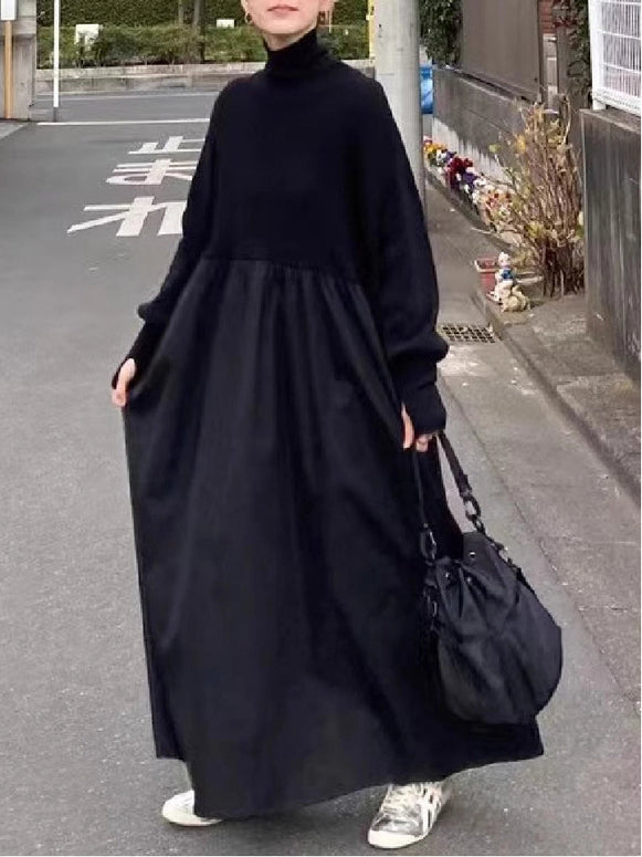 4色展開 ハイネック ワンピース レディース ロング丈 ニット切替 異素材 ドッキングワンピース ゆったり 体型カバー シンプル 無地 長袖 カジュアル 大人可愛い 秋冬コーデ エレガント 通勤 通学 お出かけ 韓国風 ファッション ID1667