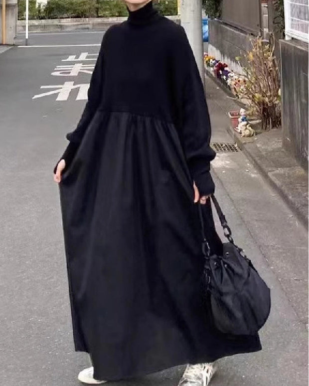 4色展開 ハイネック ワンピース レディース ロング丈 ニット切替 異素材 ドッキングワンピース ゆったり 体型カバー シンプル 無地 長袖 カジュアル 大人可愛い 秋冬コーデ エレガント 通勤 通学 お出かけ 韓国風 ファッション ID1667