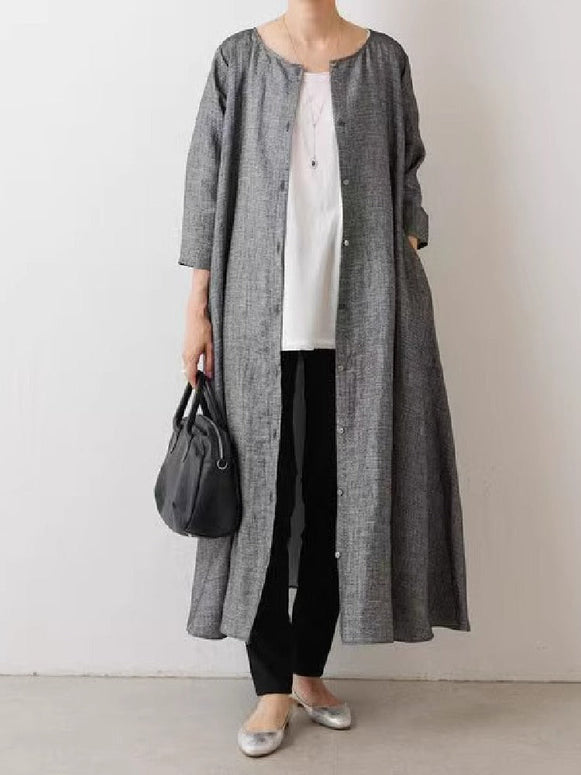 綿麻素材 ロングカーディガン レディース 七分袖 シャツワンピース 単排ボタン ゆったり ナチュラル 春夏秋 カジュアル グレー系 ID1183
