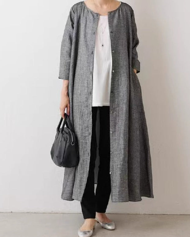 綿麻素材 ロングカーディガン レディース 七分袖 シャツワンピース 単排ボタン ゆったり ナチュラル 春夏秋 カジュアル グレー系 ID1183