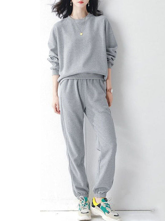 M〜4XL対応 ワッフル セットアップ レディース スウェット 上下セット トレーナー 長袖 + ジョガーパンツ ルームウェア カジュアル 外出可 ゆったり 体型カバー 楽ちん オシャレ スポーツウェア ID1712