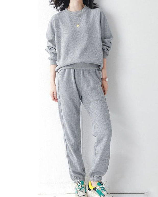 M〜4XL対応 ワッフル セットアップ レディース スウェット 上下セット トレーナー 長袖 + ジョガーパンツ ルームウェア カジュアル 外出可 ゆったり 体型カバー 楽ちん オシャレ スポーツウェア ID1712