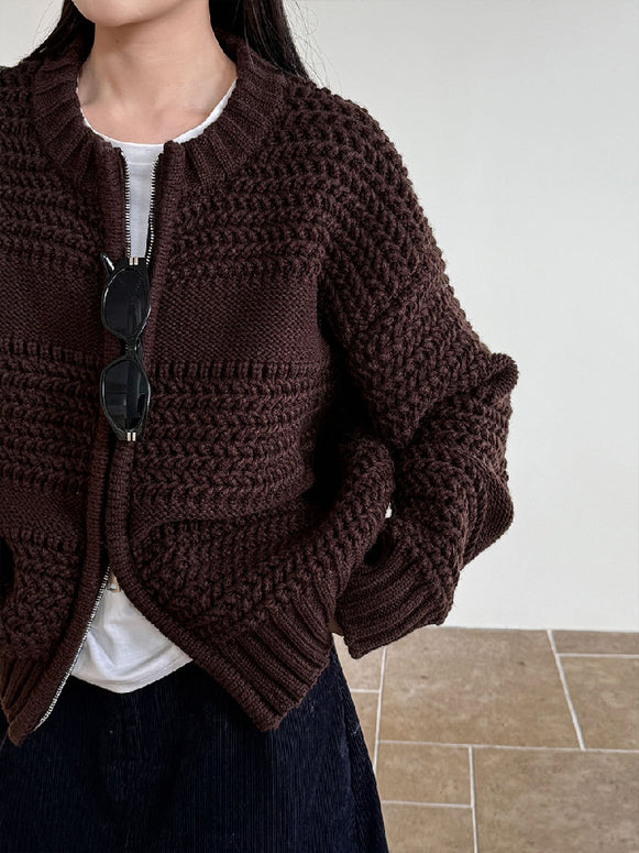 立体編み ダブルジッパー ニット カーディガン レディース ラウンドネック ゆったり シンプル おしゃれ ニットアウター 体型カバー カジュアル 通勤 秋冬コーデ 大人女子 デイリー服 ID2307